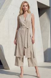 Khaki 2 Piece Sleeveless Women's Linen Suits with Sash