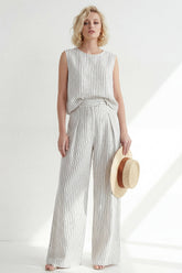 White 2 Piece Sleeveless Stripe Women's Linen Suits