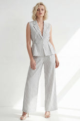 White 2 Piece Notched Lapel Stripe Women's Linen Suits