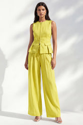 Yellow 2 Piece Round Neck Women's Linen Suits