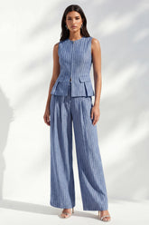 Dark Blue 2 Piece Stripe Sleeveless Women's Linen Suits