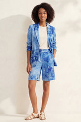 Notched Lapel Blue 2 Piece Printed Women's Linen Suits