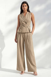 Khaki 2 Piece Notched Lapel Women's Linen Suits with Belt