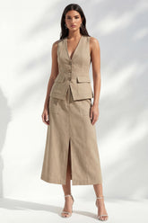 A Line khaki 2 Piece Sleeveless Midi Work Dress with Slit