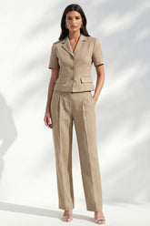 Notched Lapel Khaki 2 Piece Women's Linen Suits with Short Sleeves