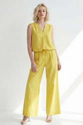 Yellow Sleeveless 2 Piece V Neck Women's Linen Suits