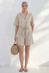 2 Piece Notched Lapel Khaki Women's Linen Suits with Half Sleeves