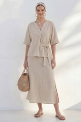 Khaki 2 Piece Half Sleeve A Line Midi Work Dress with Slit