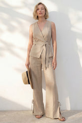2 Piece Sleeveless Khaki Women's Linen Suits with Sash