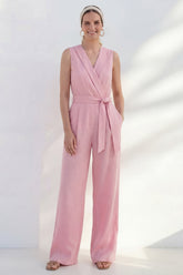 Sleeveless Pink Women's Linen Jumpsuits with Sash