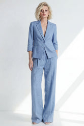 Notched Lapel 2 Piece Dusty Blue Women's Linen Suits
