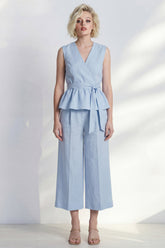 Light Blue 2 Piece Ruffled Women's Linen Suits with Sash