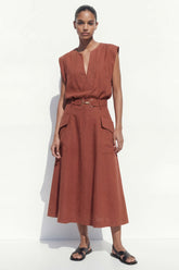 Caramel 2 Piece A Line Midi Work Dress with Belt