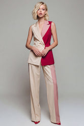 Notched Lapel ColorBlock Light Khaki 2 Piece Sleeveless Women Suits