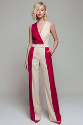 V Neck ColorBlock Light Khaki Women's Jumpsuits