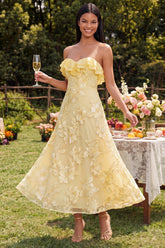 Strapless Ruffled A Line Floral Appliqued Yellow Wedding Guest Dress