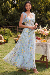 Blue Floral A Line Corset Embroidered Bowed Wedding Guest Dress