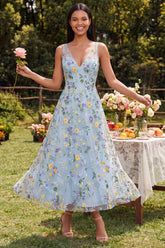 Floral Blue Embroidered A Line V Neck Wedding Guest Dress