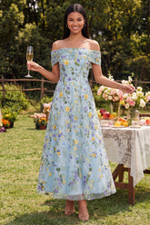 Off the Shoulder Floral Blue A Line Embroidered Wedding Guest Dress