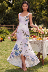 High Low Ivory Mermaid Ruched Printed Corset Wedding Guest Dress
