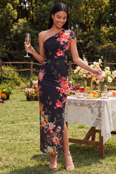 Black One Shoulder Ruched Printed Maxi Wedding Guest Dress
