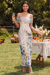 Off the Shoulder Ivory Ruched Printed Bodycon Wedding Guest Dress