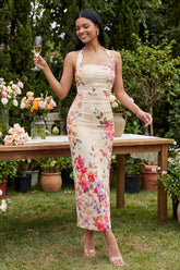 Halter Floral Champagne Printed Bodycon Wedding Guest Dress