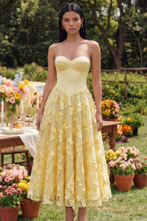 Yellow Strapless Appliqued A Line Corset Wedding Guest Dress
