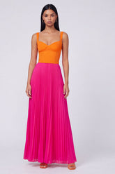 ColorBlock Orange and Fuchsia Pleated A Line Formal Dress