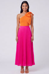 One Shoulder Bowed ColorBlock Orange and Fuchsia A Line Formal Dress