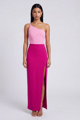 One Shoulder ColorBlock Pink and Fuchsia Sheath Formal Dress