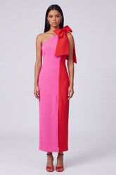 One Shoulder Bodycon ColorBlock Fuchsia and Red Formal Dress
