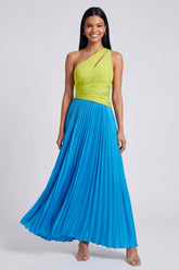 ColorBlock One Shoulder Pleated Green and Blue A Line Formal Dress
