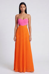 Strapless ColorBlock Pleated Pink and Orange A Line Formal Dress