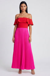 Off the Shoulder Pleated Ruffled ColorBlock Fuchsia and Red Formal Dress