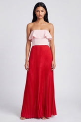 ColorBlock Pink and Red Off the Shoulder A Line Ruffled Formal Dress