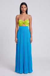 Strapless Green and Blue ColorBlock Pleated A Line Formal Dress
