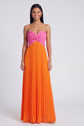 Strapless Pink and Orange ColorBlock Pleated A Line Formal Dress