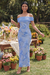 Blue Off the Shoulder Appliqued Bodycon Wedding Guest Dress
