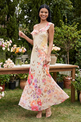 Asymmetrical Neck Printed Champagne Maxi Wedding Guest Dress