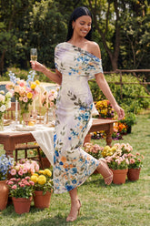 Ivory Asymmetrical Neck Printed Ruched Sheath Wedding Guest Dress