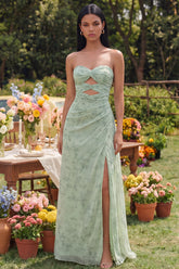 Dusty Sage Strapless Cut Out A Line Ruched Wedding Guest Dress