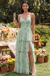 Tiered A Line Dusty Sage Wedding Guest Dress with Slit