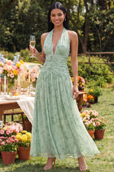 Halter A Line Ruched Pleated Dusty Sage Wedding Guest Dress