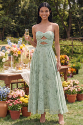 Strapless A Line Cut Out Ruched Dusty Sage Wedding Guest Dress