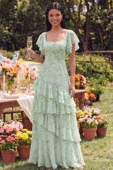 A Line Ruffled Dusty Sage Wedding Guest Dress with Flutter Sleeves