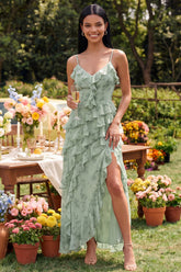 Dusty Sage A Line Maxi Wedding Guest Dress with Ruffles