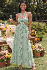 Halter Dusty Sage A Line Cut Out Wedding Guest Dress with Ruffles