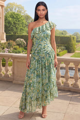 One Shoulder Dusty Green A Line Ruched Ruffled Wedding Guest Dress