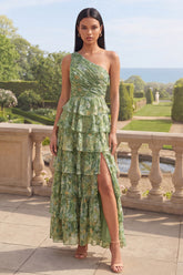 Tiered One Shoulder Dusty Green Ruched Wedding Guest Dress